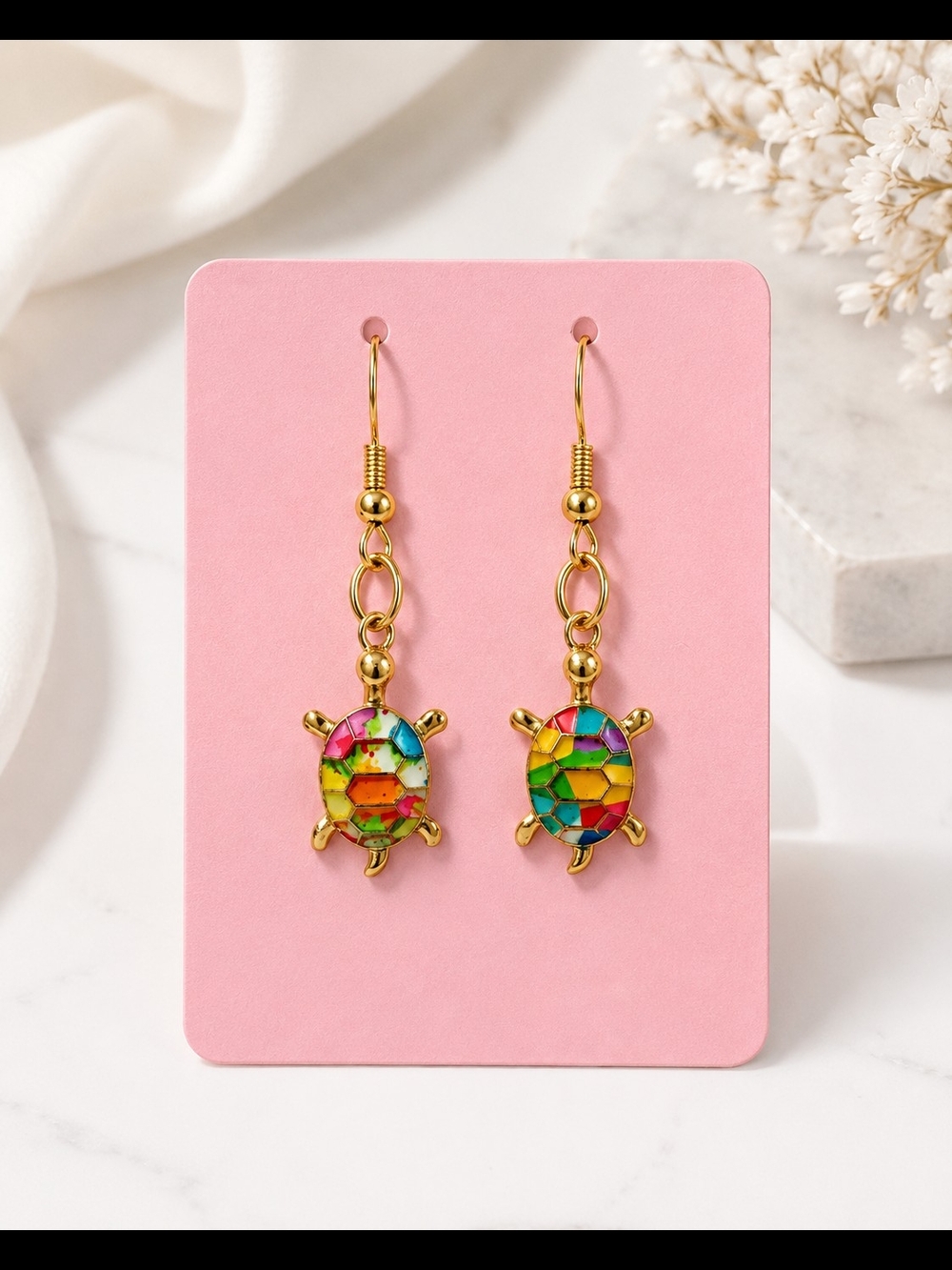 🐢Colorful Mosaic Turtles ❤️Dangle Earrings Gold Tone Fish Hook Coastal Jewelry